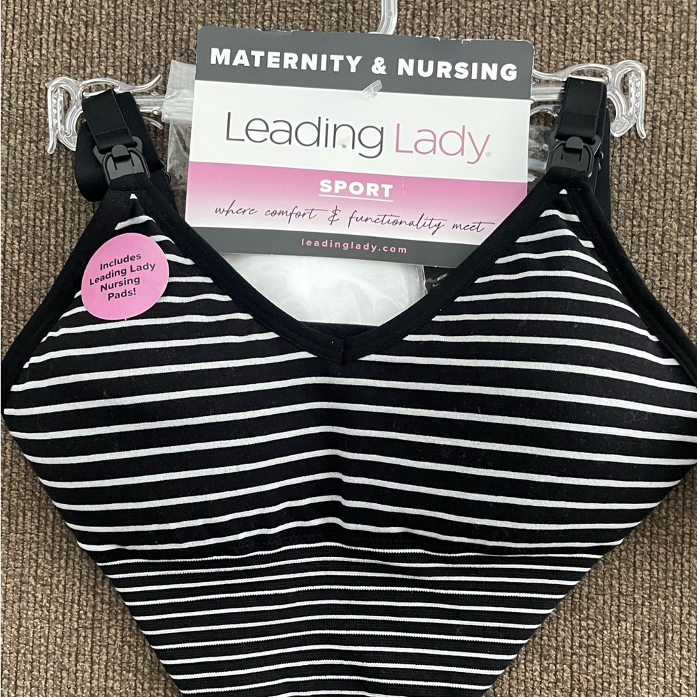 NWT Leading Lady Maternity & Nursing Striped Sports Bra with 4 Pads ~ Size S